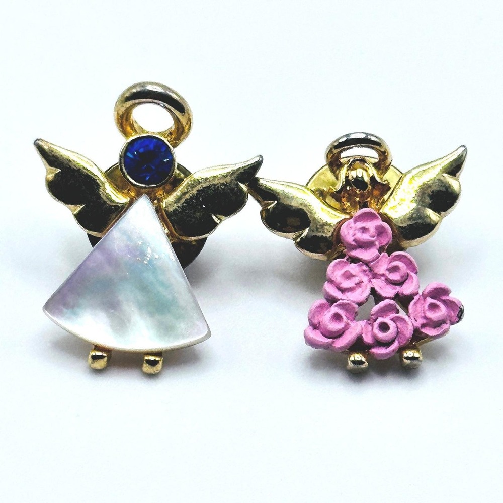 Vintage Angel Lapel Pins Gold Tone MOP Blue Rhinestone Pink Floral Tac Pin Set